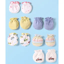 Ben Benny Interlock Knit Mittens with Stripes & Vehicle Print Pack of 6 - White & Yellow-picture-16