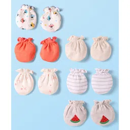 Ben Benny Interlock Knit Mittens with Stripes & Watermelon Print Pack of 6 - Coral & White-picture-28