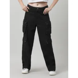 Bene Kleed Black Cotton Relaxed Fit High Rise Cargo Jeans-picture-29