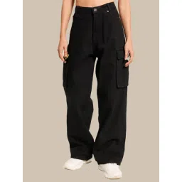 Bene Kleed Black Cotton Relaxed Fit High Rise Cargo Jeans-picture-36