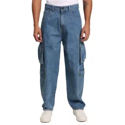 Bene Kleed Blue Cotton Loose fit Solid Cargo Jeans-picture-42