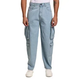 Bene Kleed Blue Cotton Loose fit Solid Cargo Jeans-picture-40