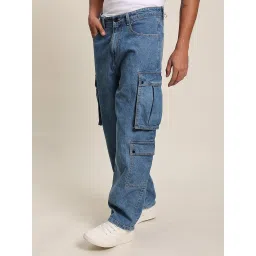 Bene Kleed Blue Cotton Loose fit Solid Cargo Jeans image 3