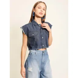 Bene Kleed Blue Cotton Regular Fit Crop Shirt-picture-25