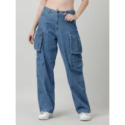 Bene Kleed Blue Cotton Relaxed Fit High Rise Cargo Jeans-picture-26