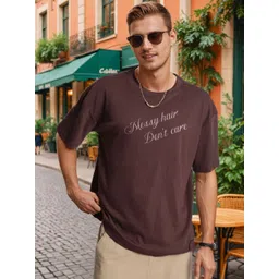 Bene Kleed Men Brown Typography Printed Round Neck Pure Cotton Oversized T-shirt-picture-38