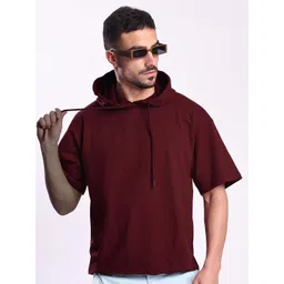 Bene Kleed Men Maroon Half Sleeve Relax Fit Hooded Lightweight Sweatshirt-picture-15