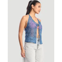 Bene Kleed Printed Halter Neck Backless Sheer Shirt Style Top-picture-40