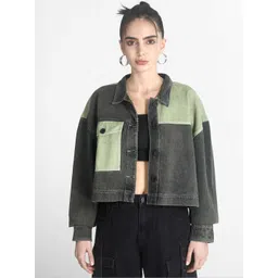 Bene Kleed Women Colourblocked Crop Denim Jacket-picture-18