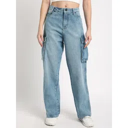 Bene Kleed Women Relaxed Fit High-Rise Clean Look Light Fade Pure Cotton Cargo Jeans-picture-38