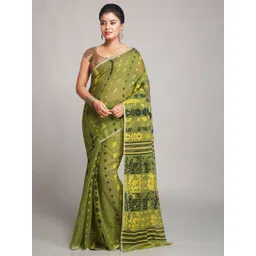 BENGAL HANDLOOM Green & Yellow Ethnic Woven Design Cotton Silk Jamdani Saree-picture-36