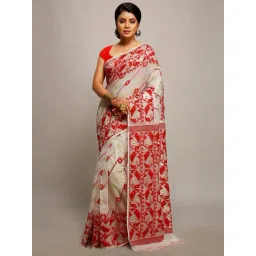 Bengal Handloom White & Red Art Silk Jamdani Saree Without Blouse-picture-41