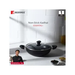 Bergner Essential Plus Press Aluminium Non-stick 20cm Kadai with Glass Lid, Induction Botton (Black) image 2