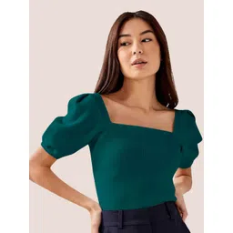 BerryBird Square Neck Puff Sleeve Knitted Top-picture-22