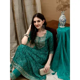 Berrylicious Bandhani Printed Zari Round Neck A-Line Kurta With Trousers & Dupatta-picture-25