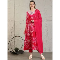 Berrylicious Printed V-Neck Panelled Thread Work A-Line Kurta With Trousers & Dupatta-picture-16