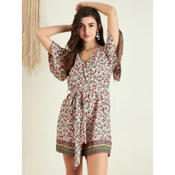 Berrylush Pink Floral Printed V-Neck Flared Sleeves Playsuit With Belt-picture-15