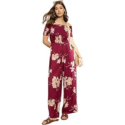 berrylush Women Floral Printed Off-Shoulder Neck Short Sleeves Wide-Leg Straight Hem Smocked Maxi Jumpsuit-picture-50