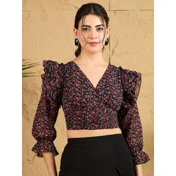 Berrylush Women Floral Printed Puff Sleeve Ruffles Crop Top-picture-14