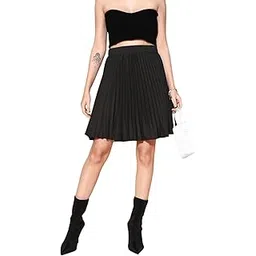 berrylush Women Solid Elastic Waist Accordion Pleat Slip-On Flared Mini Skirt-picture-32