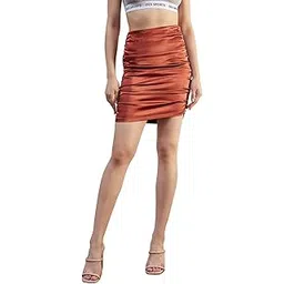 berrylush Women Solid High-Rise Elastic Waistband Satin Slip-On Straight Hem Ruched Pencil Mini Skirt-picture-47