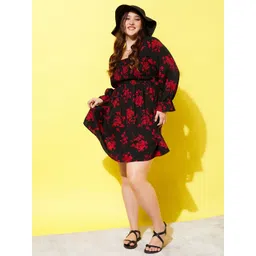 Berrylush Curve Black Floral Printed Smocked Fit & Flare Dress-picture-29