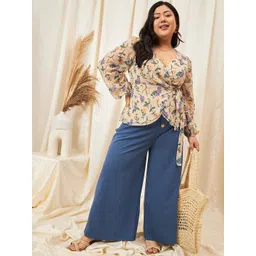 Berrylush Curve Plus Size Floral Printed Puff Sleeves Georgette Wrap Top-picture-16