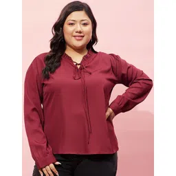 Berrylush Curve Plus Size Maroon Tie-Up Neck Ruffled Shirt Style Top-picture-22