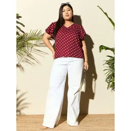 Berrylush Curve Plus Size Red Polka Dots Printed Flared Sleeves Ruffled Top-picture-13