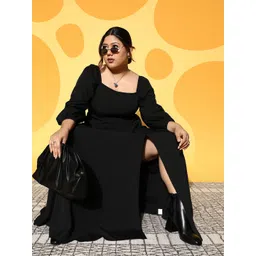 Berrylush Curve Women Solid Slit Detail Crepe A-Line Maxi Dress-image-46