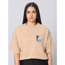 Besick Women Solid Printed Drop-Shoulder Sleeves Oversized Crop Cotton T-shirt-picture-12