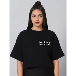 Besick Women Typography Printed Drop Shoulder Sleeves Round Neck Crop T-shirt-picture-21