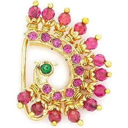 bevogue Maharashtrian Nathani Nosepin for Women | Brass Gold Plated Nose Jewellery with Green & Pink Stones | Traditional Ethnic Peacock-Inspired Clip-On Nath | Ideal Festive Gift & Party Gift Choice (NAT4128)-picture-28