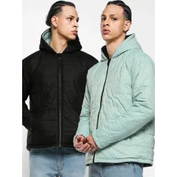 Bewakoof Black & Light Green Relaxed Fit Reversible Hooded Puffer jacket-picture-15