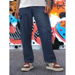 Bewakoof Blue Blended Loose Fit Solid Cargo Jeans-picture-15