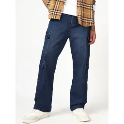 Bewakoof Blue Cotton Loose Fit Solid Cargo Jeans-picture-10
