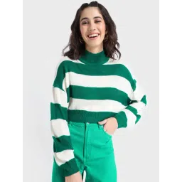 Bewakoof Green & White Striped Sweater-image-37