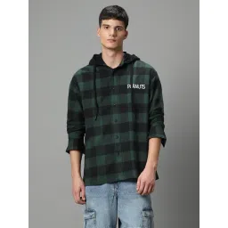 Bewakoof Green Cotton Relaxed Fit Checks Hooded Shirt-picture-12