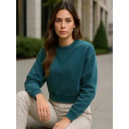 Bewakoof Heavy Duty 1.0 Women's Teal Green Oversized Acid Wash Crop Sweatshirt-picture-10