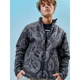 Bewakoof Men Black Nylon Relaxed Fit Print Casual Jacket-picture-43