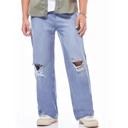 Bewakoof Men Straight Fit High-Rise Mildly Distressed Light Fade Cotton Jeans-picture-42