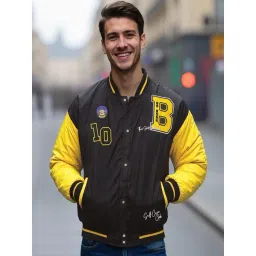 Bewakoof Men's Black Printed Contrast Sleeve Oversized Bomber Jacket-picture-30