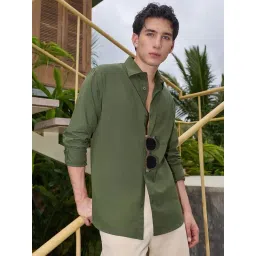 Bewakoof Men's Olive Green Cotton Linen Shirt-picture-25