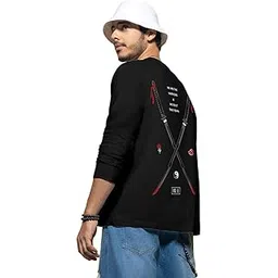 bewakoof Men's Warriors Graphic Print Black Round Neck Long Sleeve Loose Fit T-Shirt-picture-40