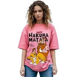 bewakoof Official Disney Merchandise Hakuna Matata Women's 100% Cotton Graphic Print Oversized Fit Round Neck T-Shirt-picture-29
