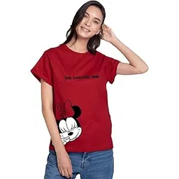 bewakoof Official Disney Merchandise Minnie Women's Graphic Printed Boyfriend Fit Half Sleeve Round Neck Cotton T-Shirt_386575_Red_3XL-picture-14