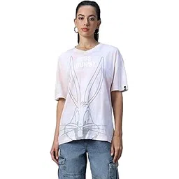 bewakoof Official Looney Tunes Merchandise Bugs Bunny Women's 100% Cotton Graphic Print Oversized Fit V-Neck T-Shirt-picture-16