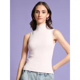 Bewakoof Pink High Neck Ribbed Cotton Fitted Top-picture-40