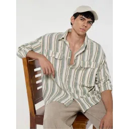 Bewakoof White & Green Cotton Loose Fit Striped Shirt-picture-16