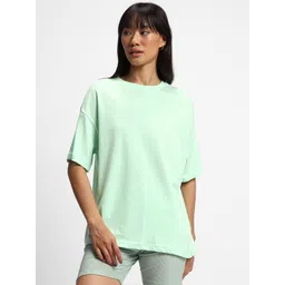Bewakoof Women Green Solid Drop-Shoulder Sleeves Oversized Pure Cotton T-shirt-image-48